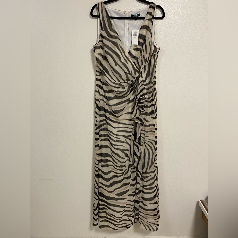 Lauren Ralph Lauren Dress Womens Size 14 Cream Brown Animal print Midi Dress NWT